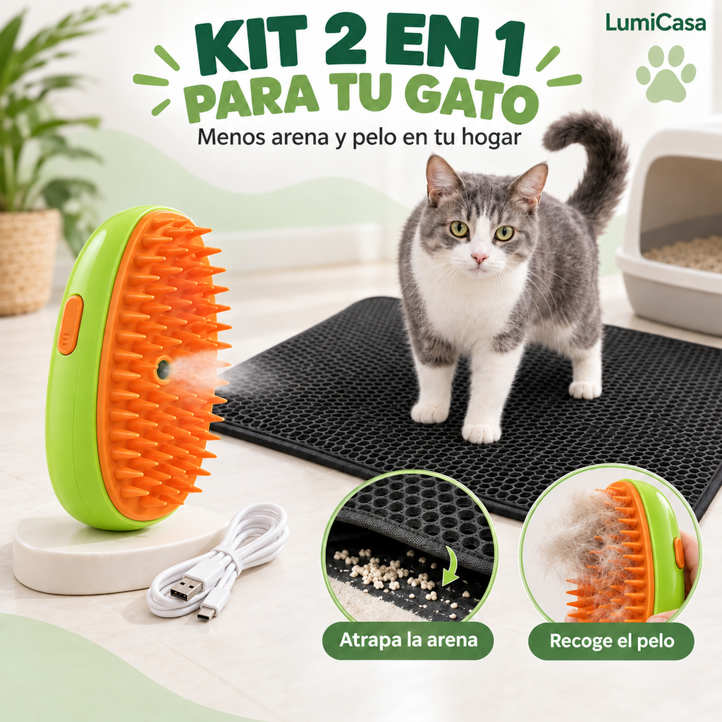 kit para gatos - tapete arenero + cepillo de vapor 3 en 1
